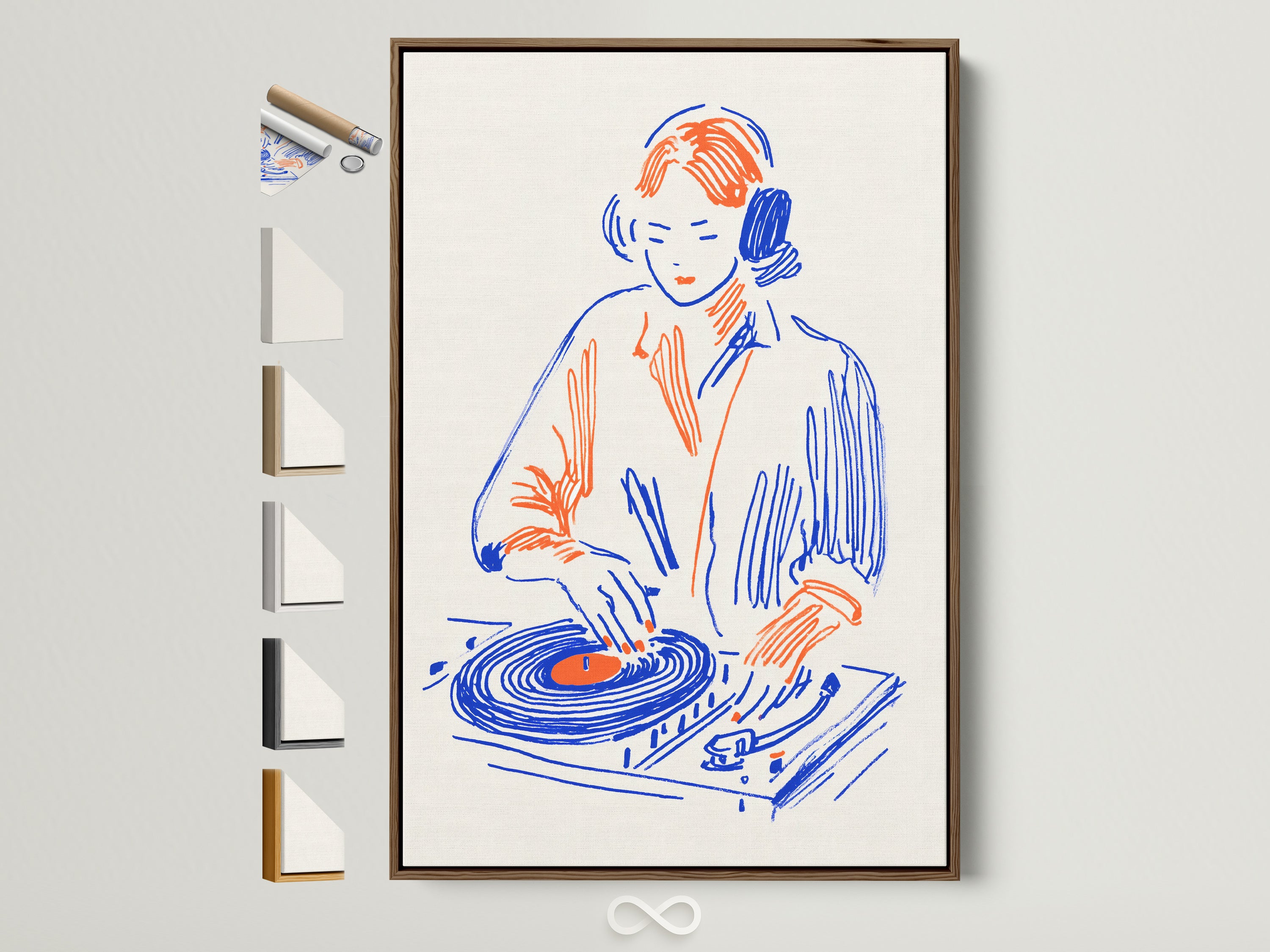 DJ Turntable artwork in a brown frame. All frame options are displayed. This retro music art is perfect for studio wall art. It is a great gift for any music lover or producer. The primary color is blue and the secondary color is orange. Add a touch of retro flair to your space with this unique piece.