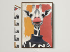 Giraffe Portrait canvas art in a brown frame. A variety of frame options are displayed. Perfect animal canvas print for kids room decor. The wall art features a quirky wildlife subject. The background is coral orange. Modern animal art to add humor and charm to any space.