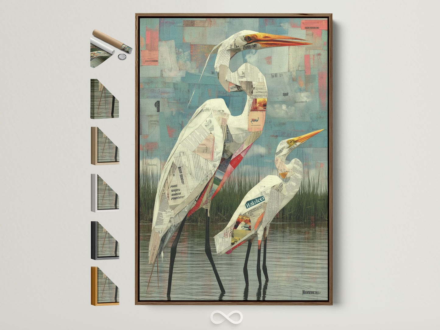 Explore framing options for coastal bird wall art. This brown frame displays heron artwork. See frame choices for your modern newspaper art. Find the perfect entryway decor here. View all frame styles on the side.