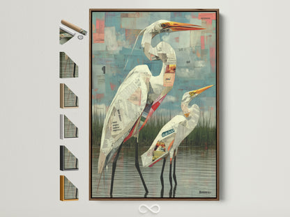 Explore framing options for coastal bird wall art. This brown frame displays heron artwork. See frame choices for your modern newspaper art. Find the perfect entryway decor here. View all frame styles on the side.