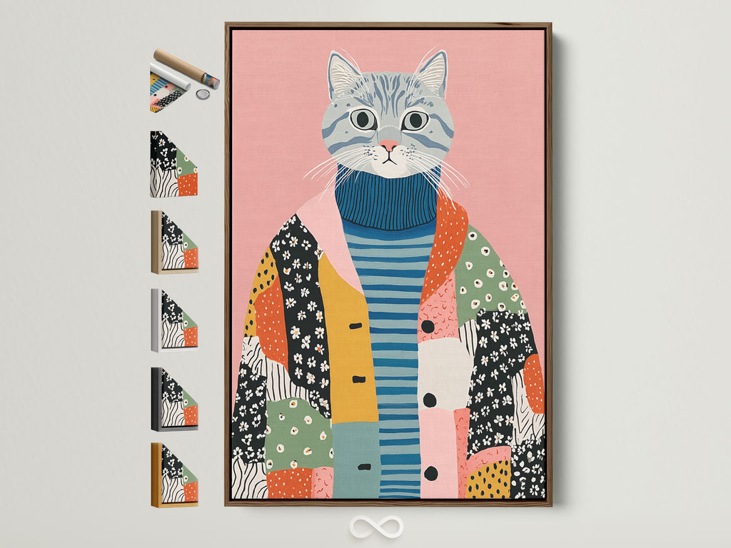 Eigenzinnige kattenkunstprint - Folk Art Cat Canvas, grillige dierenmuurkunst voor de kinderkamer