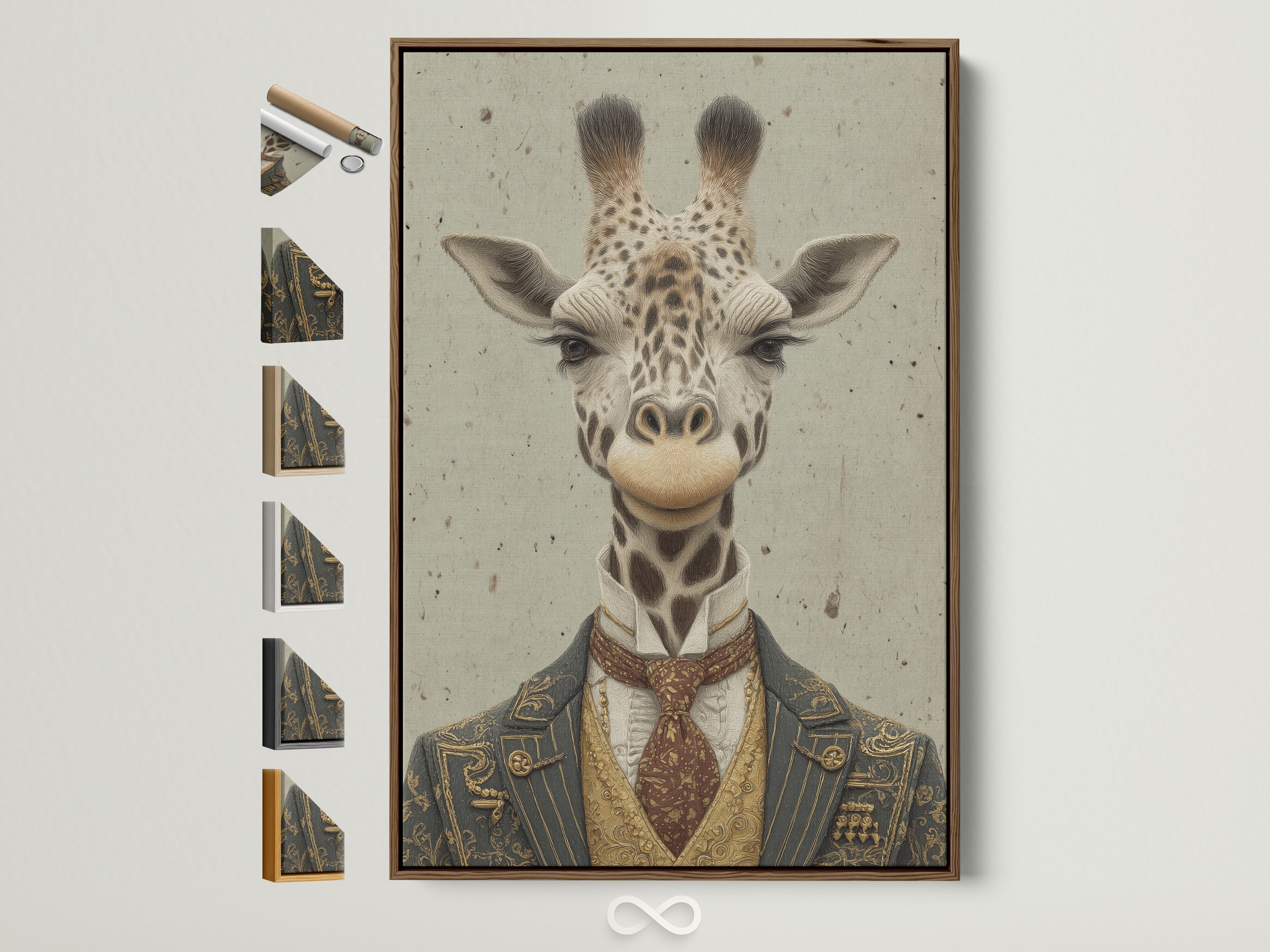 A vintage gentleman giraffe portrait is displayed in a brown frame. This Victorian safari animal artwork is perfect for office wall decor. See all available frame options for this quirky animal print on the side.