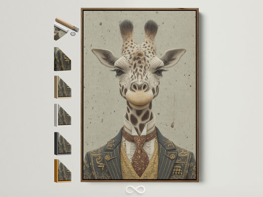 A vintage gentleman giraffe portrait is displayed in a brown frame. This Victorian safari animal artwork is perfect for office wall decor. See all available frame options for this quirky animal print on the side.