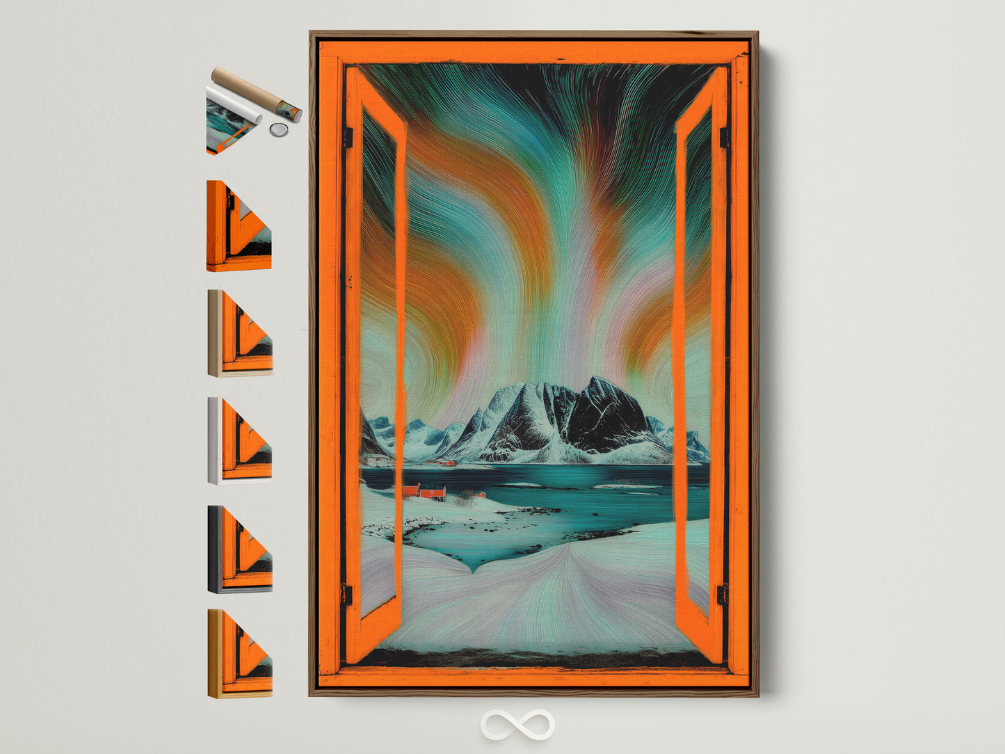 A brown frame displays Aurora Borealis artwork. This Nordic landscape wall art features an open window view. The art includes teal and orange home decor elements. All frame options are visible on the side.