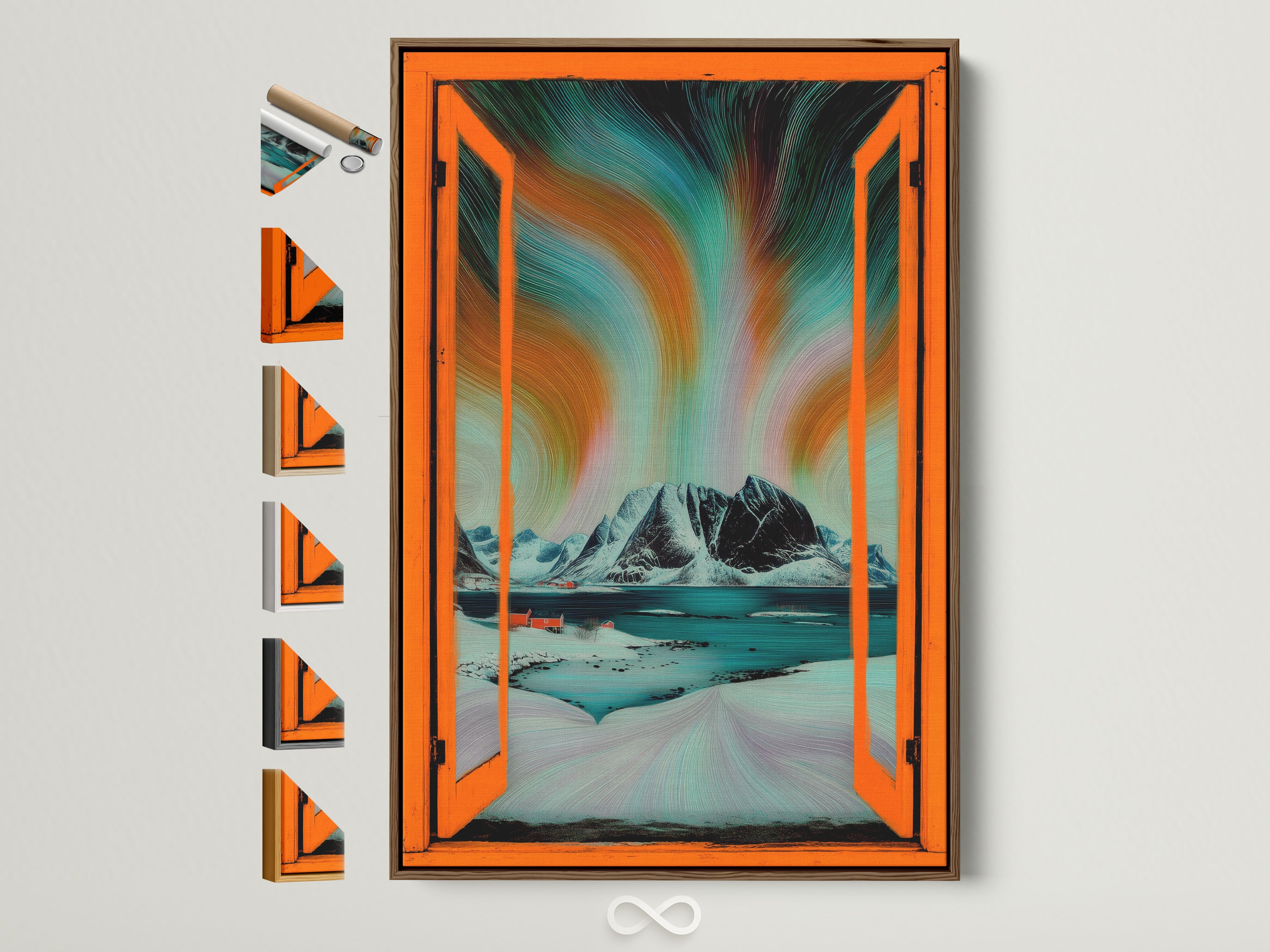 A brown frame displays Aurora Borealis artwork. This Nordic landscape wall art features an open window view. The art includes teal and orange home decor elements. All frame options are visible on the side.