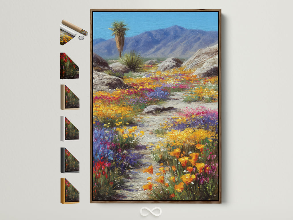 Desert Wildflower artwork with a brown frame. This colorful bloom landscape print brings the Southwest nature indoors. The artwork is perfect for bedroom art or any space needing a pop of color. Discover framed art options.