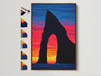 A brown frame showcases the coastal arch canvas print. Frame options are displayed. This modern ocean view artwork brings a touch of coastal charm to any room. The sunset seascape wall art evokes a sense of tranquility. Perfect for homeowners renters and interior designers seeking elevated contemporary wall decor.