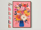 Vibrant Floral Bouquet Art Print - Pink Background Wall Art, Colorful Flower Vase Painting, Modern Botanical Home Decor, Living Room