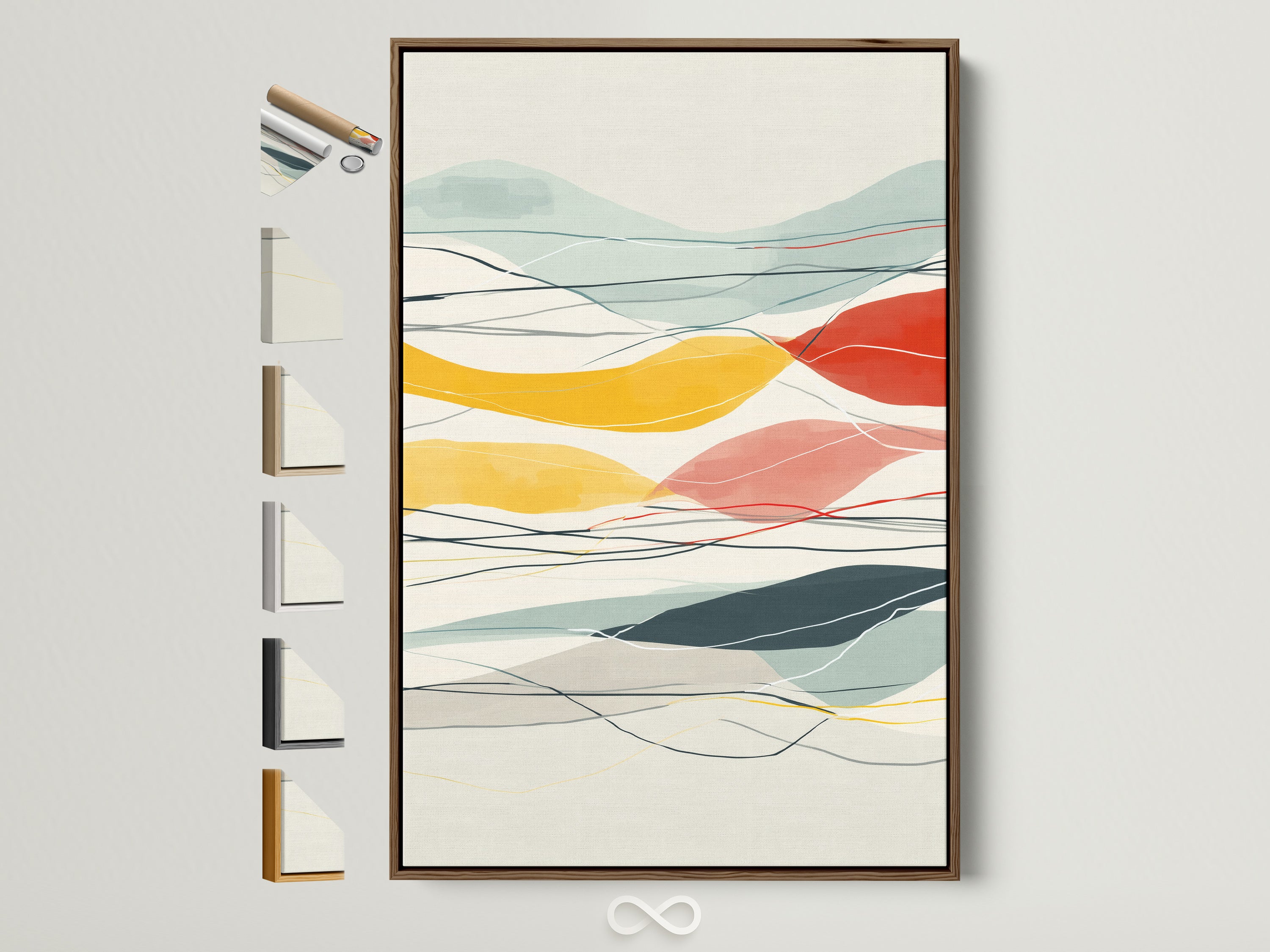 Abstract Mountain artwork in a brown frame. The artwork features a colorful landscape. This modern geometric art is perfect for office decor. See all the frame options available on the side. It will enhance any living room or bedroom. This artwork will complement minimalist and Scandinavian aesthetics.