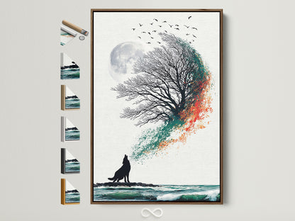Coastal tree artwork in a brown frame. The art depicts a wolf howling at the moon next to a tree. There are other frame options displayed on the side. Perfect coastal wall art.
