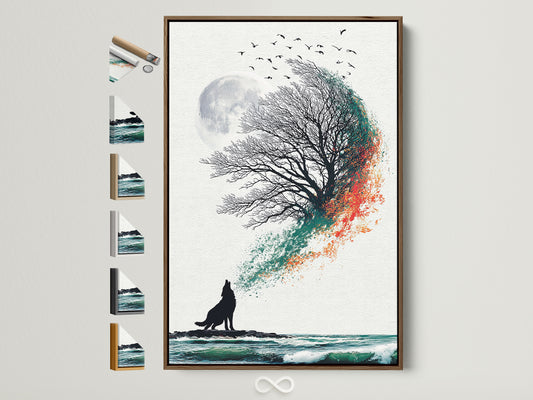 Coastal tree artwork in a brown frame. The art depicts a wolf howling at the moon next to a tree. There are other frame options displayed on the side. Perfect coastal wall art.