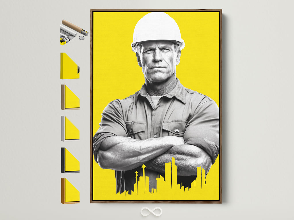 Construction Worker Canvas Print in a brown frame. Frame options are displayed on the side. This artwork is ideal for professionals. It's great for construction workers architects and engineers. It fits industrial contemporary or minimalist styles. This is impactful modern art.