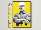 Construction Worker Canvas Print in a brown frame. Frame options are displayed on the side. This artwork is ideal for professionals. It's great for construction workers architects and engineers. It fits industrial contemporary or minimalist styles. This is impactful modern art.