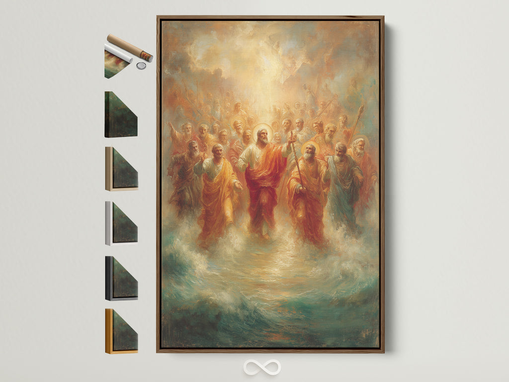 A framed religious art canvas print showcases Jesus Christ with Apostles. This wall artwork features a brown frame. Frame options are displayed on the side. Perfect Christian home decor for a prayer room or any space seeking spiritual wall art.