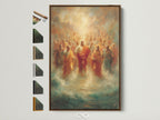 A framed religious art canvas print showcases Jesus Christ with Apostles. This wall artwork features a brown frame. Frame options are displayed on the side. Perfect Christian home decor for a prayer room or any space seeking spiritual wall art.