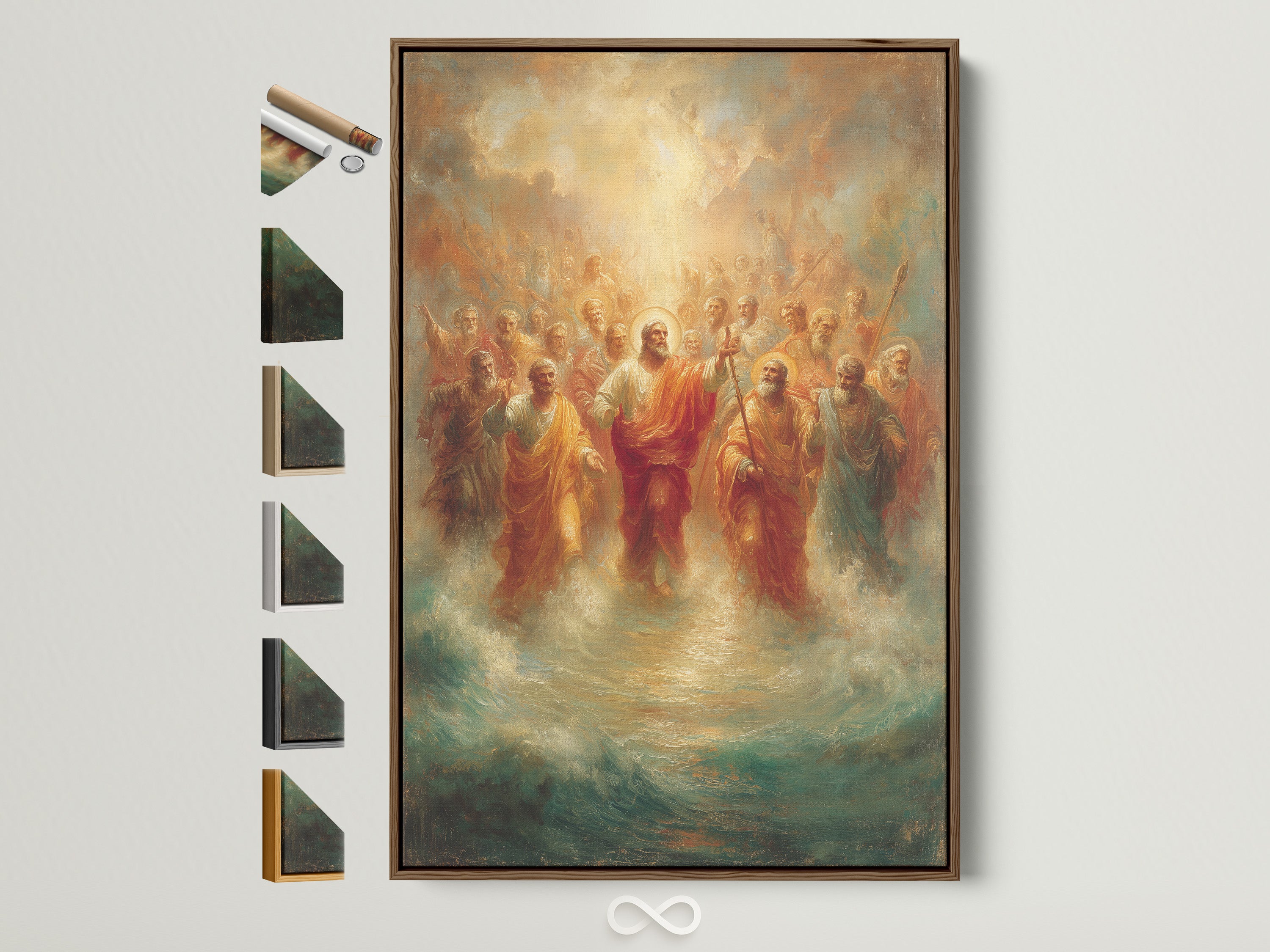 A framed religious art canvas print showcases Jesus Christ with Apostles. This wall artwork features a brown frame. Frame options are displayed on the side. Perfect Christian home decor for a prayer room or any space seeking spiritual wall art.
