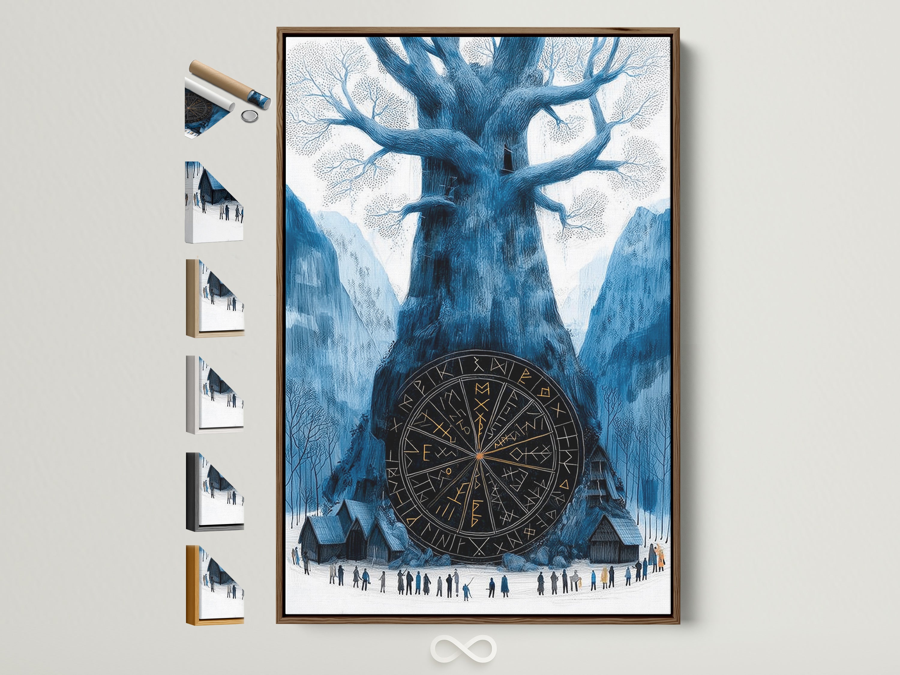 Yggdrasil Norse Mythology Wall Art is displayed in a brown frame. This Viking Tree of Life poster adds a touch of Scandinavian art to your space. Explore all available frame options to perfectly complement your teal and gold artwork. Find the ideal frame for your study decor and fantasy artwork.
