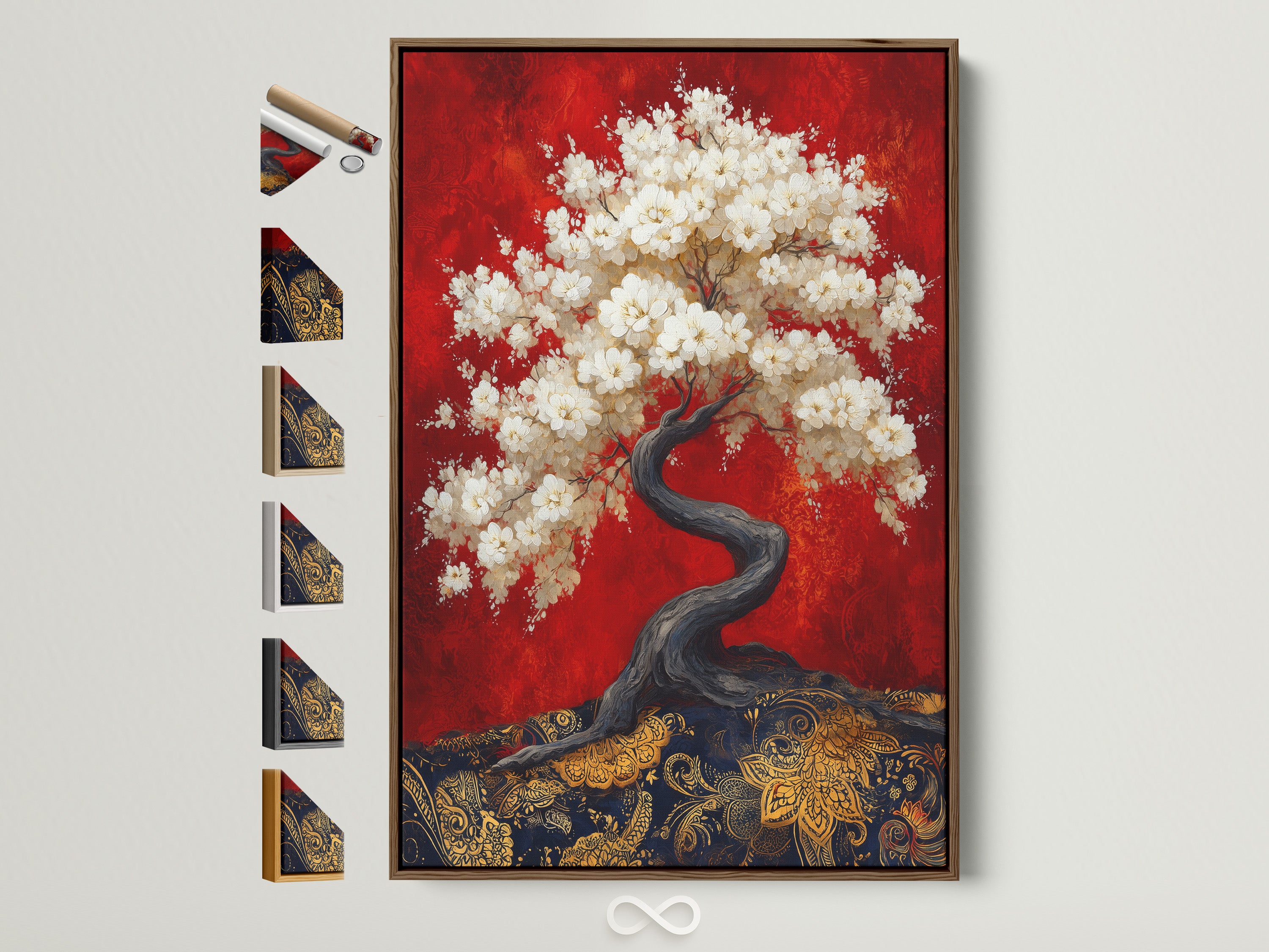 A captivating cherry blossom tree artwork is displayed in a brown frame. This Japanese bonsai canvas wall art features a striking red and gold color palette. Frame options are showcased on the side. It is perfect for adding Asian-inspired decor to any room. The art deco style enhances bedroom wall decor.