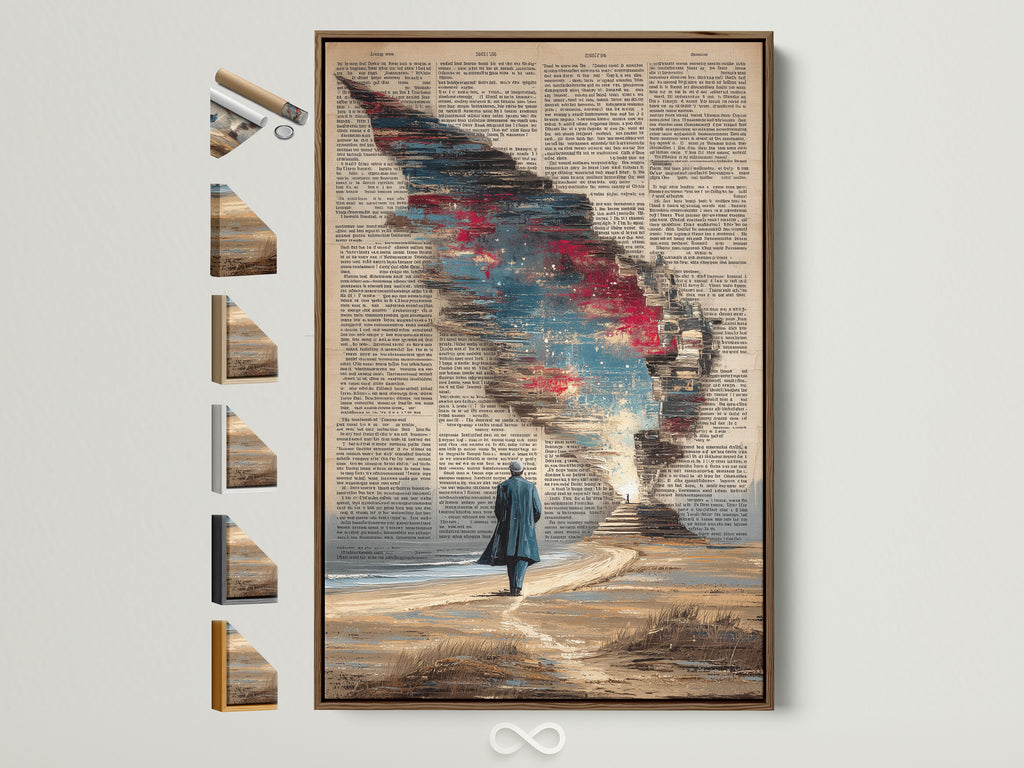 Surreal dictionary art print in a brown frame. This cosmic sky wall art adds vintage charm to any space. Explore frame options for this unique literary artwork. Perfect for office or home decor. Find your ideal frame today