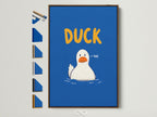 Funny Animal Wall Art Duck Canvas Print with Brown Frame. This playful artwork features a cute duck perfect for a kids room. The blue and orange colors add a contemporary style. Enhance your nursery with this charming duck artwork. It's a delightful gift for parents and grandparents.