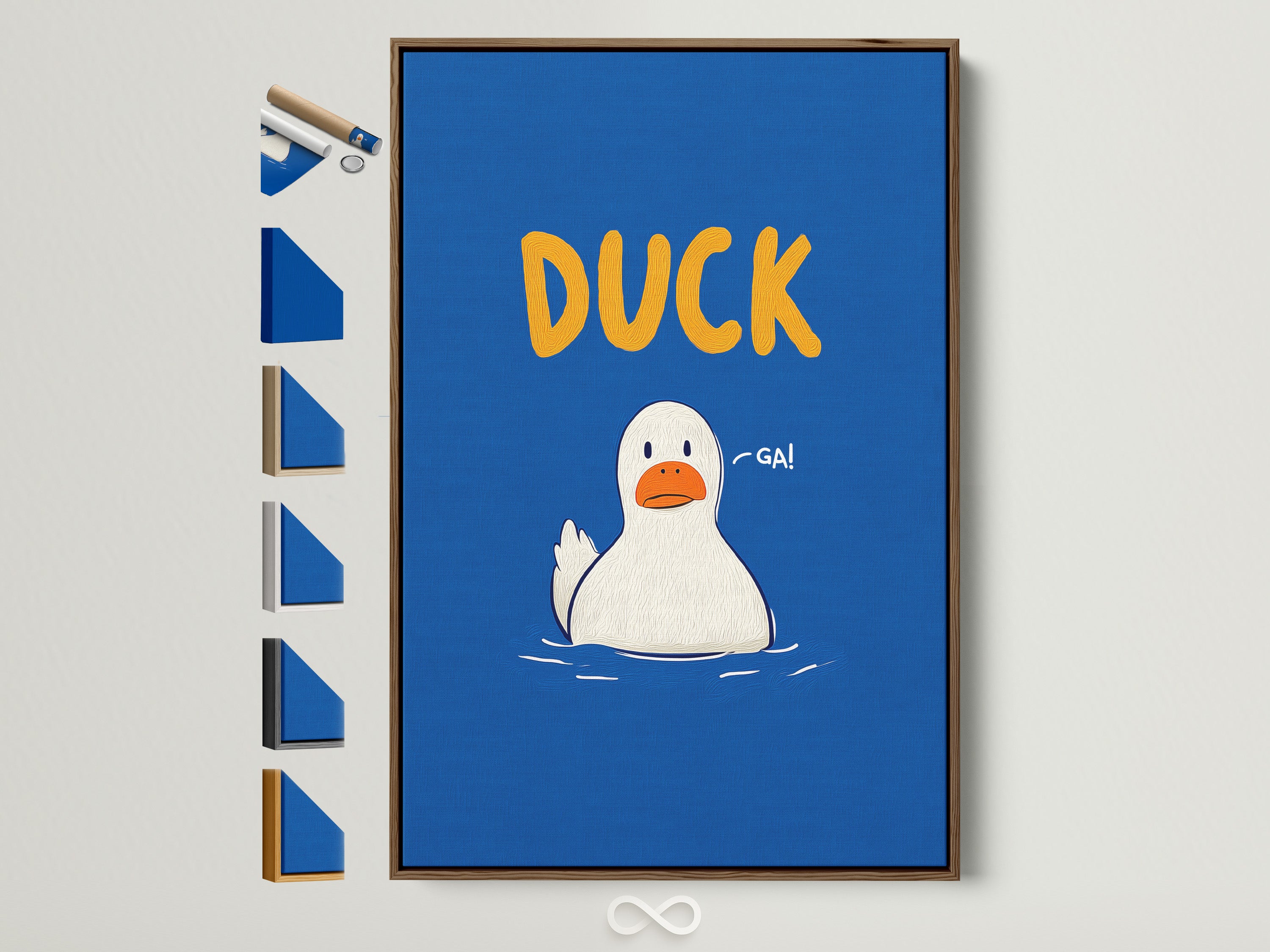 Funny Animal Wall Art Duck Canvas Print with Brown Frame. This playful artwork features a cute duck perfect for a kids room. The blue and orange colors add a contemporary style. Enhance your nursery with this charming duck artwork. It's a delightful gift for parents and grandparents.
