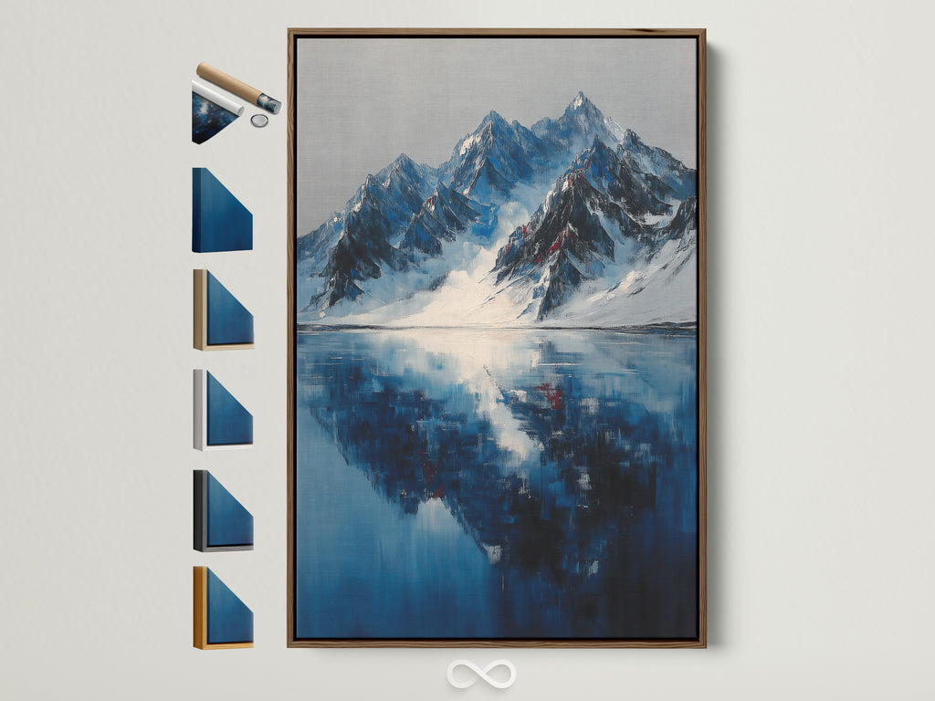 Brown frame holding mountain reflection artwork. This indigo blue lake wall art brings a touch of winter landscape to any office decor.  Explore all frame options to find the perfect match for your modern wall art needs.  This artwork fits minimalist or modern styles