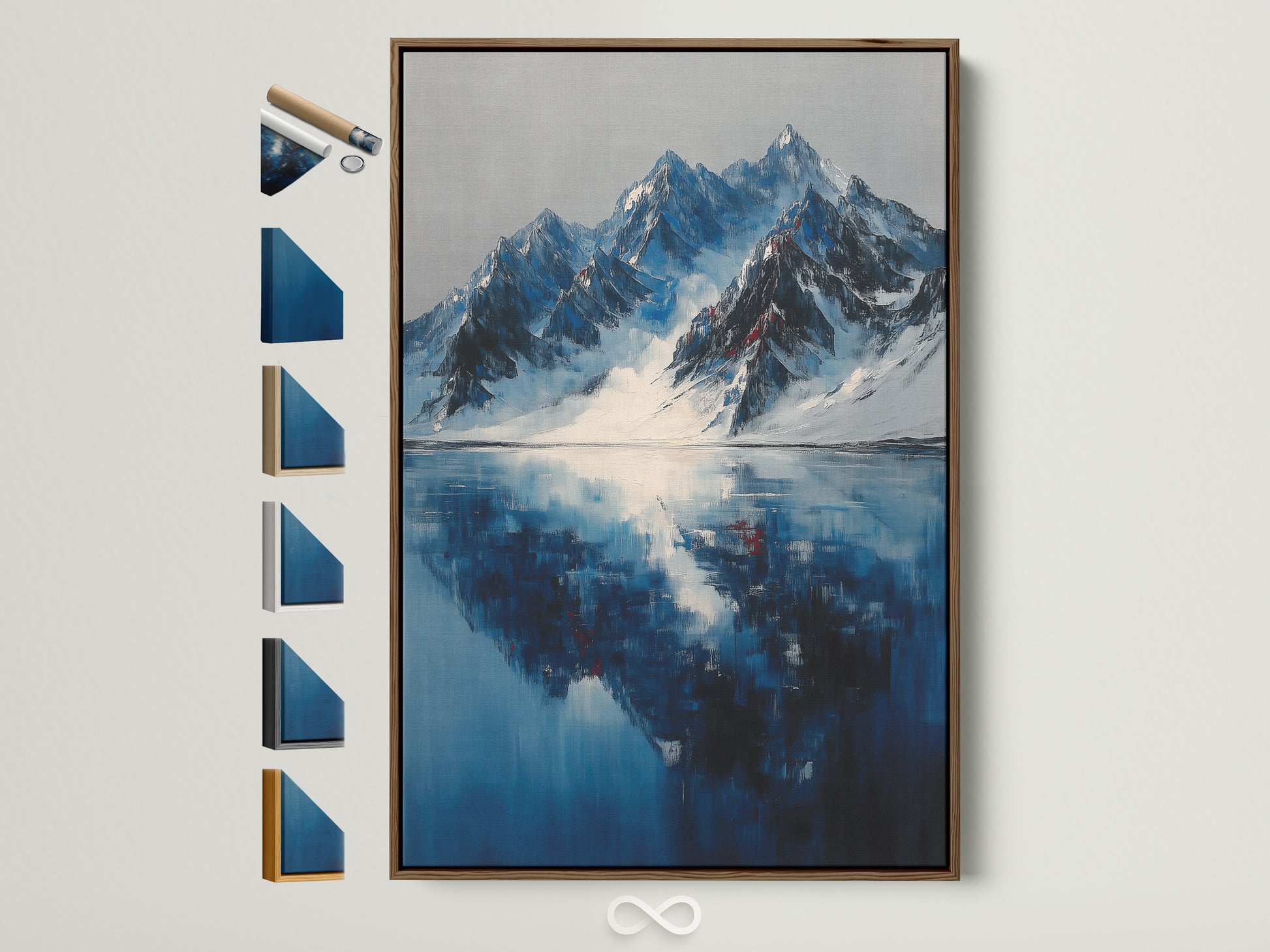 Brown frame holding mountain reflection artwork. This indigo blue lake wall art brings a touch of winter landscape to any office decor.  Explore all frame options to find the perfect match for your modern wall art needs.  This artwork fits minimalist or modern styles