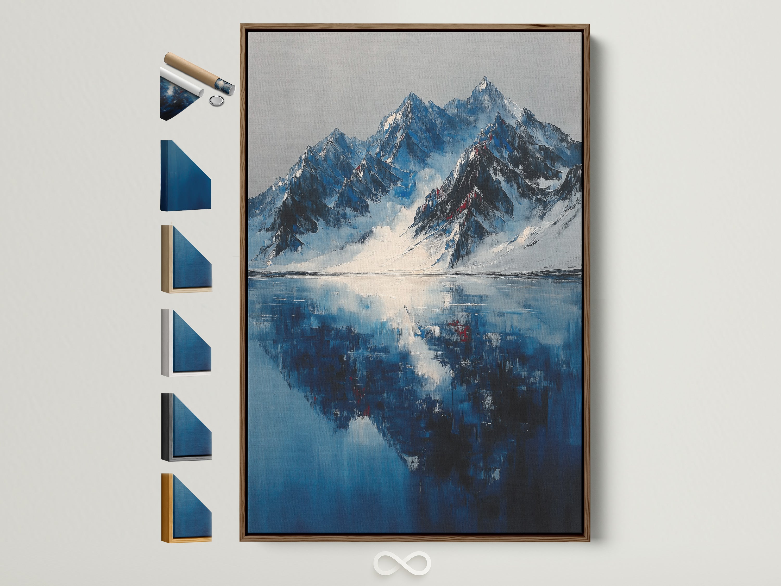 Brown frame holding mountain reflection artwork. This indigo blue lake wall art brings a touch of winter landscape to any office decor.  Explore all frame options to find the perfect match for your modern wall art needs.  This artwork fits minimalist or modern styles
