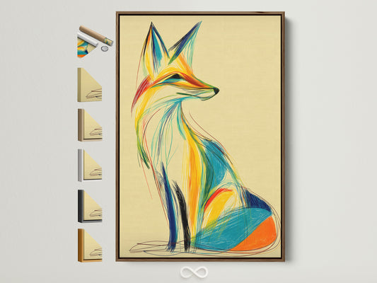 Explore frame options with this brown frame displaying a colorful fox artwork. Discover various frame styles to enhance your art prints. Find the perfect frame to match your decor. A variety of frames are on display.