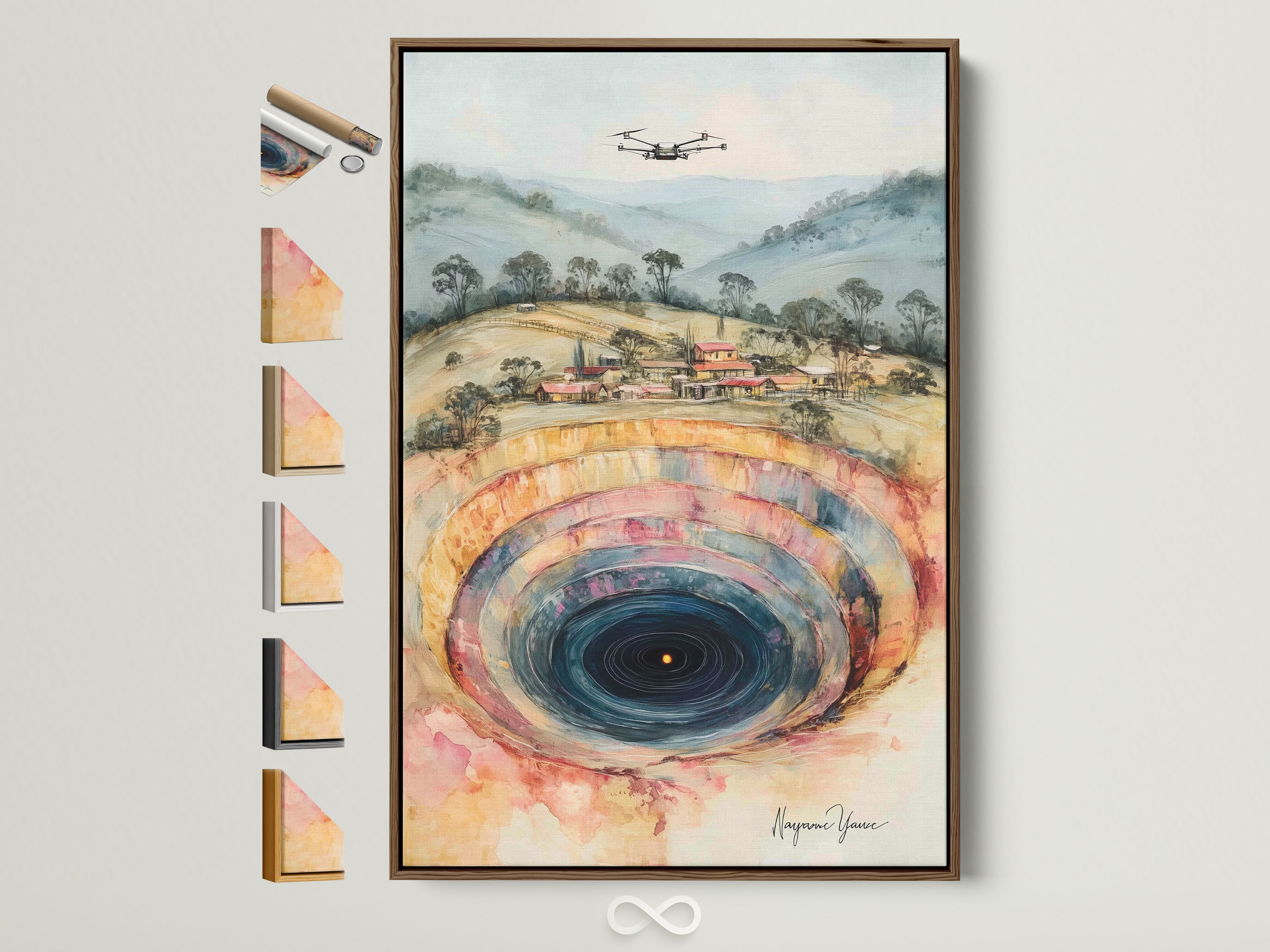Abstract Mine artwork with a brown frame. The artwork features a deep hole in a landscape. A drone flies above the scene. Frame options are displayed beside the framed art. Perfect contemporary artwork for offices and homes.