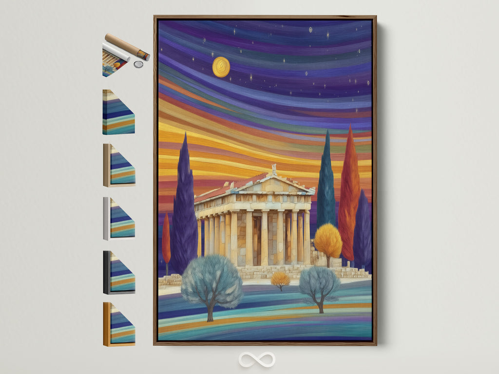 A Greek Parthenon artwork with a brown frame is displayed alongside other frame options. This wall art features a colorful sunset landscape perfect for minimalist decor. Explore options for living room bedroom or office spaces.