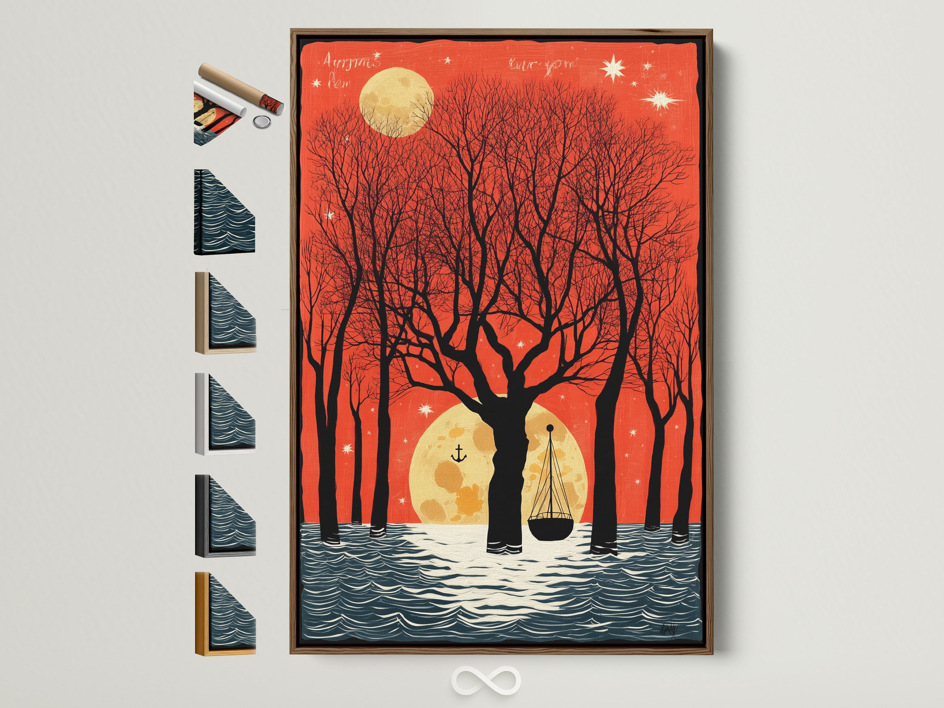 A moonlit boat artwork is displayed in a brown frame. All frame options are showcased on the side. This vintage nautical wall art features a red sky coastal print perfect for adding character to any room. Consider this art for unique office decor.