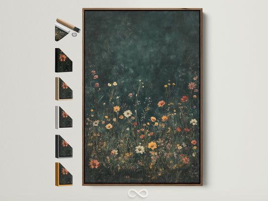 Floral artwork in a brown frame on a white wall. The artwork depicts a field of wildflowers in full bloom. Sunlight gently illuminates the wall creating a warm and inviting atmosphere. Various frame options are displayed on the side enhancing the visual appeal of the art piece.