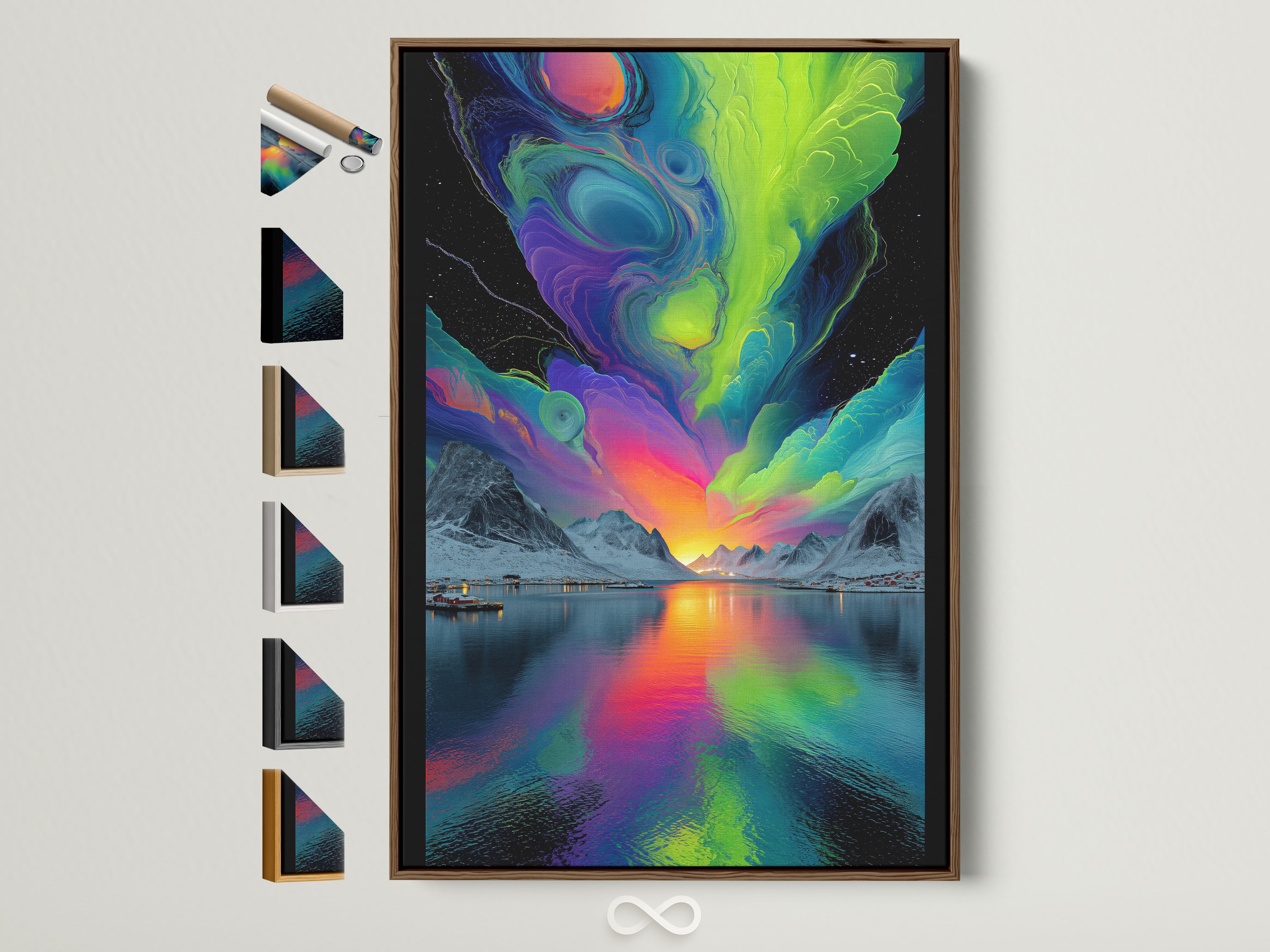 Brown frame displays vibrant Aurora Borealis artwork. Frame options are visible showcasing customization. The colorful Northern Lights wall art enhances modern home interiors. Perfect Scandi decor.