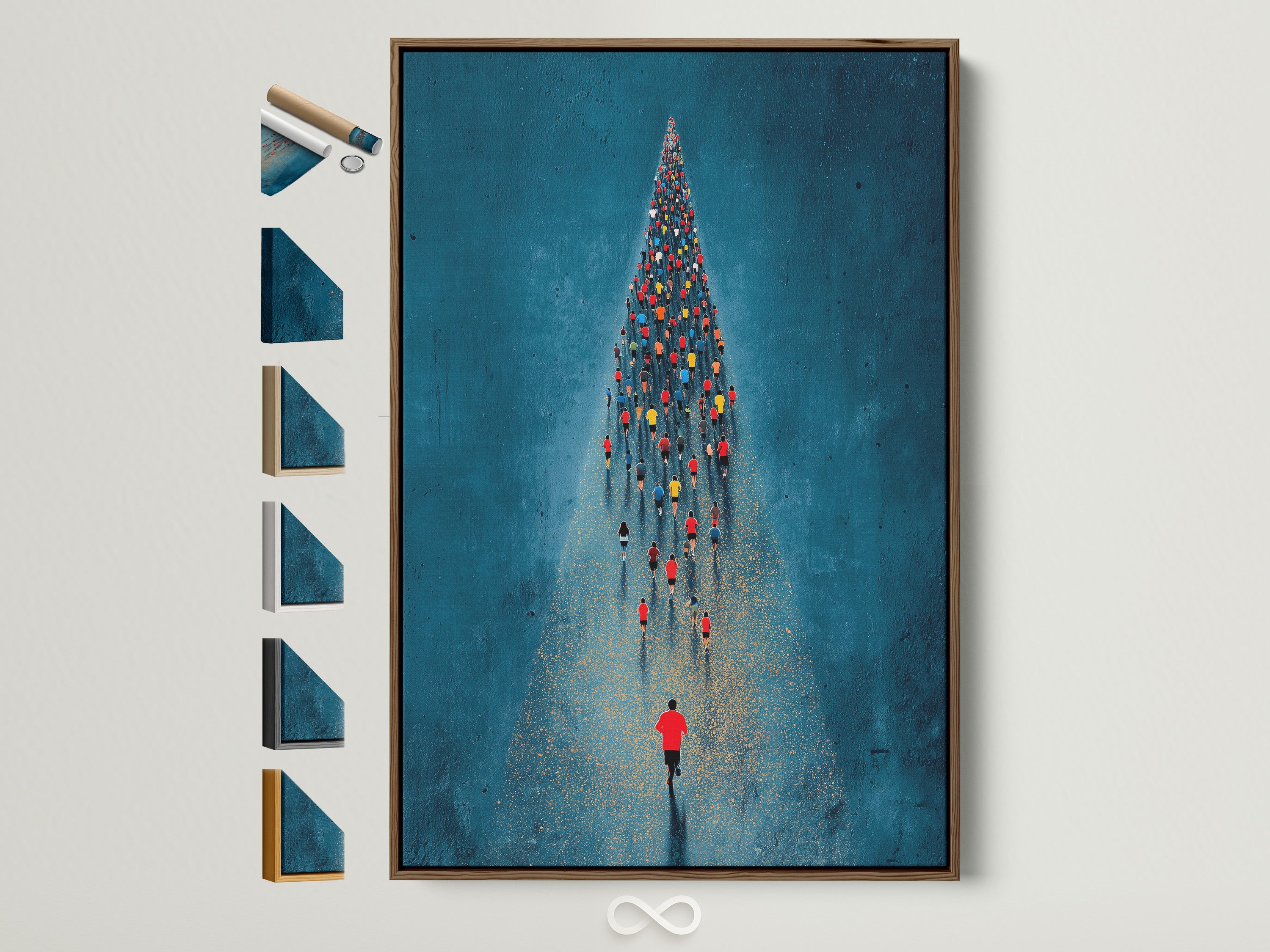 A captivating aerial swimmers artwork in a brown frame. This piece showcases an ocean sports theme perfect for home or office decor. The artwork features a unique swimming formation. All frame options are displayed. Ideal for fitness enthusiasts or anyone seeking inspiring wall art.