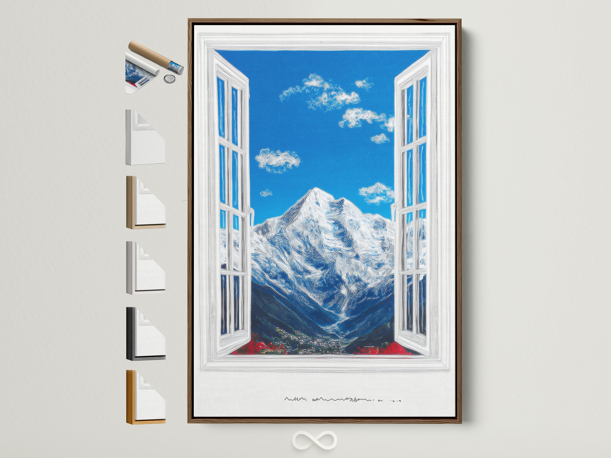 A mountain view artwork is framed in brown. See all frame options. The artwork features a bright blue sky with fluffy clouds. A snow-capped mountain is visible through an open window. The mountain vista is serene. Perfect office wall decor.