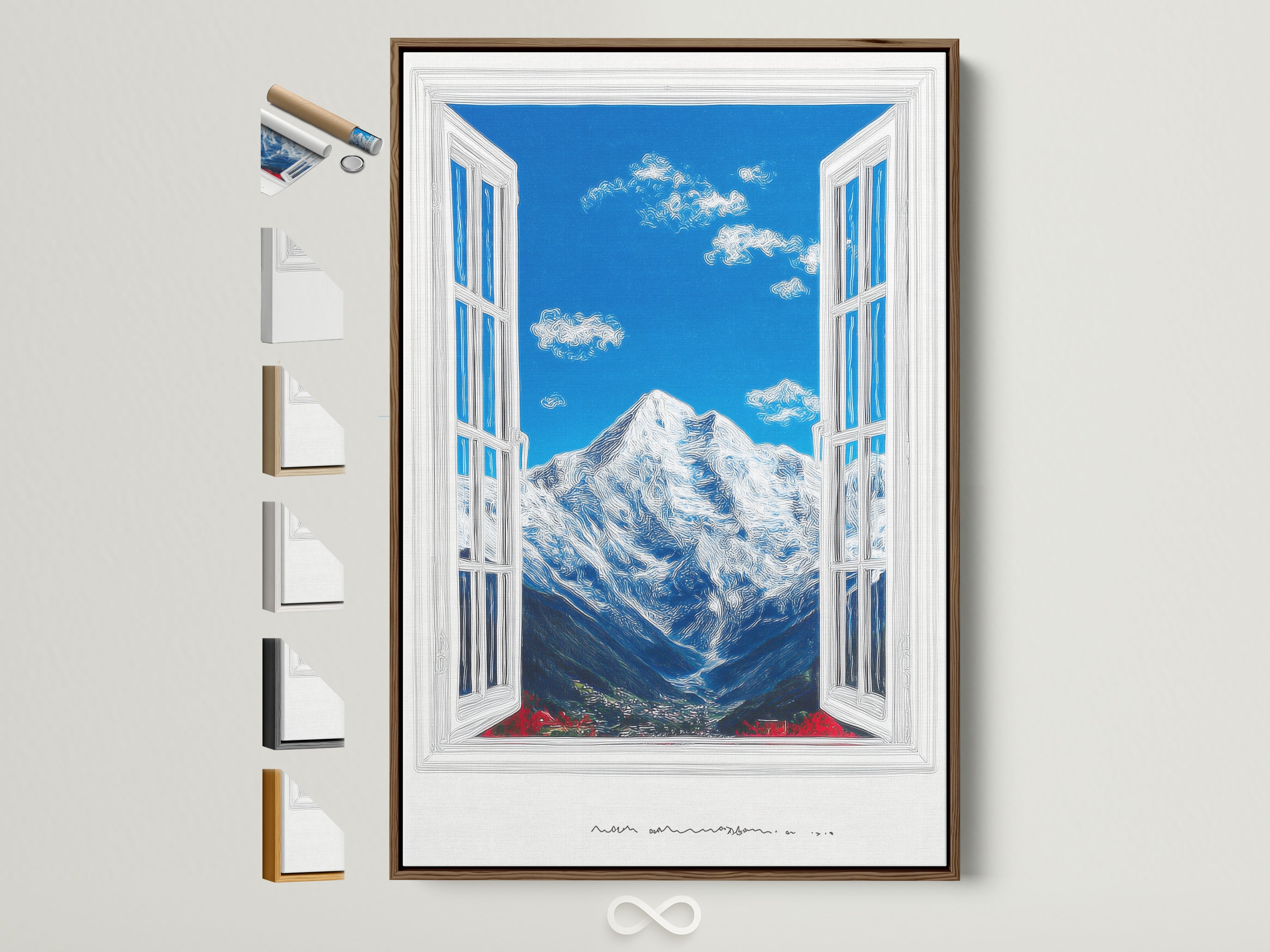A mountain view artwork is framed in brown. See all frame options. The artwork features a bright blue sky with fluffy clouds. A snow-capped mountain is visible through an open window. The mountain vista is serene. Perfect office wall decor.