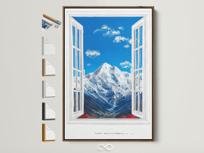 A mountain view artwork is framed in brown. See all frame options. The artwork features a bright blue sky with fluffy clouds. A snow-capped mountain is visible through an open window. The mountain vista is serene. Perfect office wall decor.