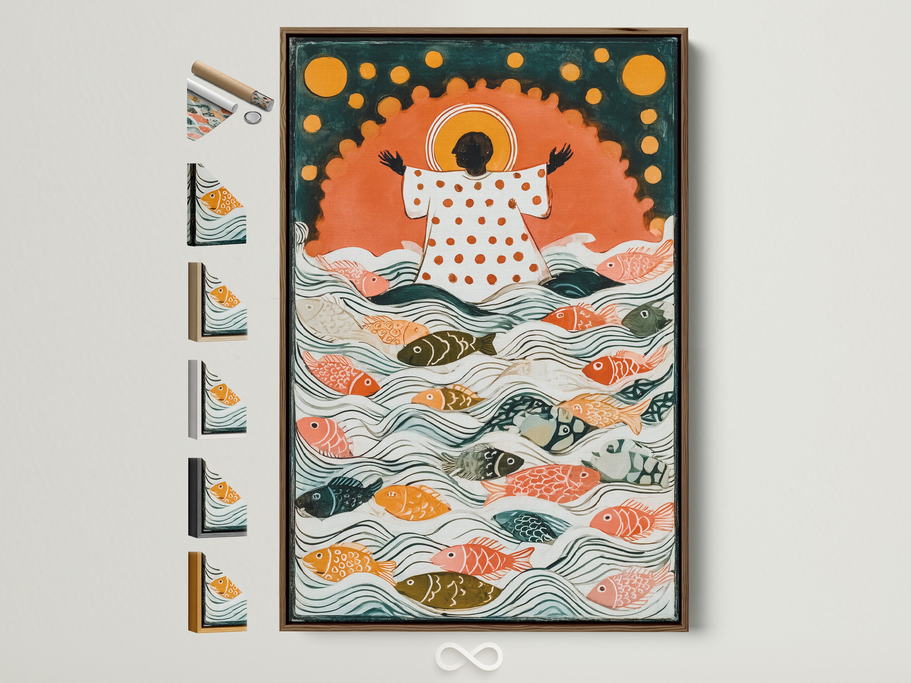 Explore art framing options with this brown frame. See how different frames can enhance your artwork. All available frame choices are displayed. Find the perfect frame to match your style. Elevate your space with framed art.