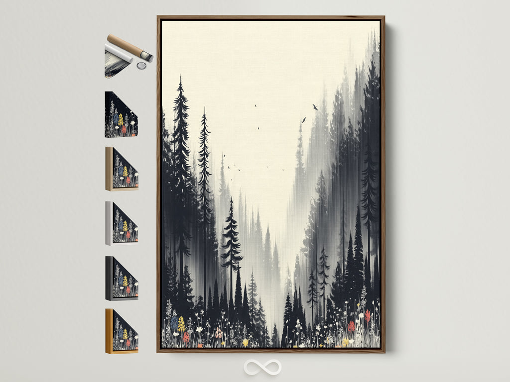 Misty Woodland Wall Art displayed in a brown frame. The artwork features a monochrome forest scene. See all frame options on the side. Perfect as nature artwork for a bedroom or living room. This minimalist art complements a Scandinavian or rustic interior.