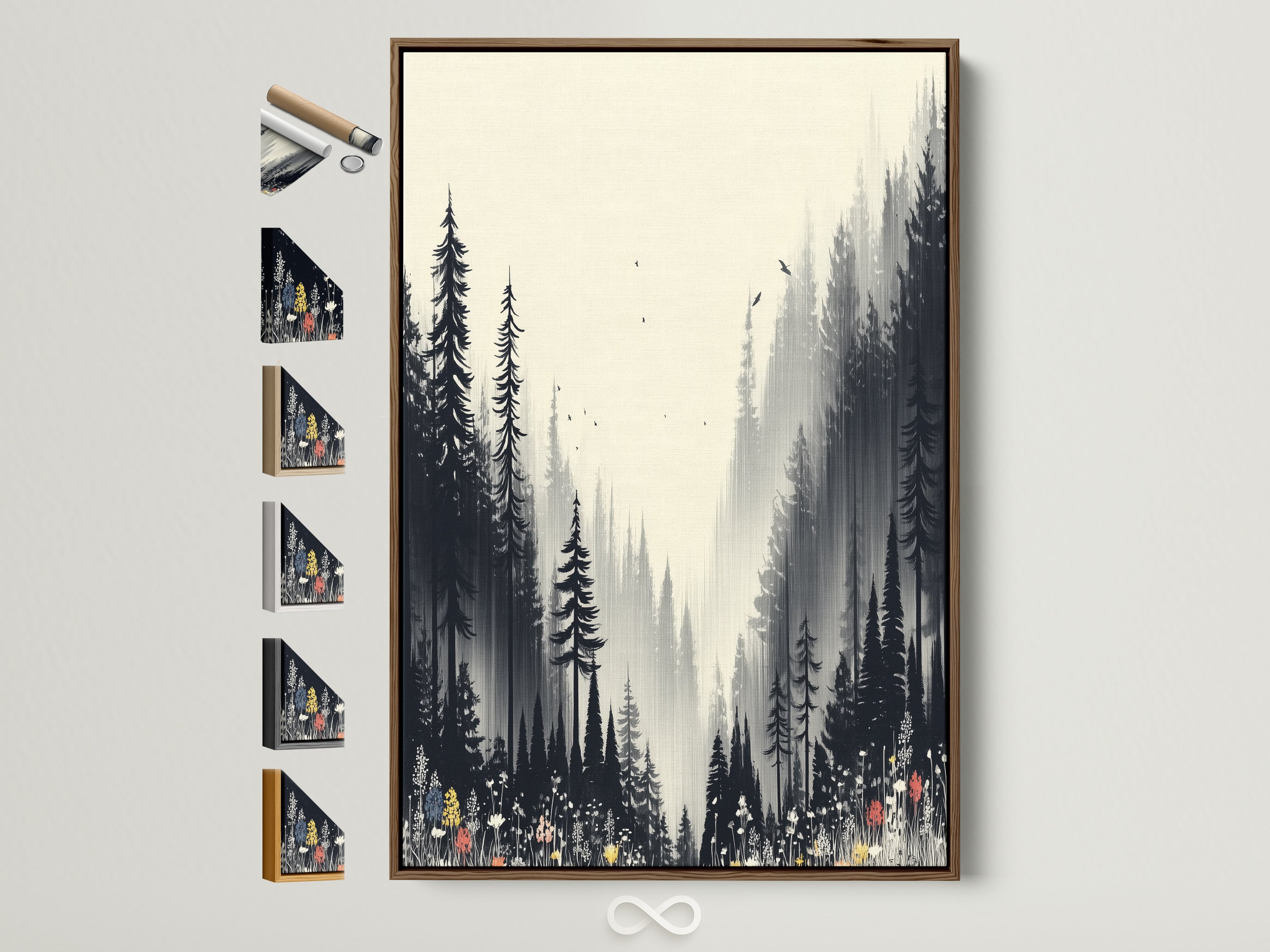 Misty Woodland Wall Art displayed in a brown frame. The artwork features a monochrome forest scene. See all frame options on the side. Perfect as nature artwork for a bedroom or living room. This minimalist art complements a Scandinavian or rustic interior.