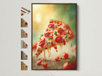A captivating pizza artwork print is displayed within a brown frame. Various frame styles are showcased beside it. This culinary art piece is ideal for kitchens and dining areas. Add a touch of Italian charm to your space with this food photography wall art.