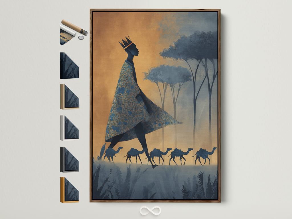A captivating artwork featuring a regal figure and a camel train adorns a wall. The artwork is displayed in a brown frame. Explore frame options to perfectly complement your chosen art. Consider oak white black or gold frames. Find the ideal frame to enhance your space