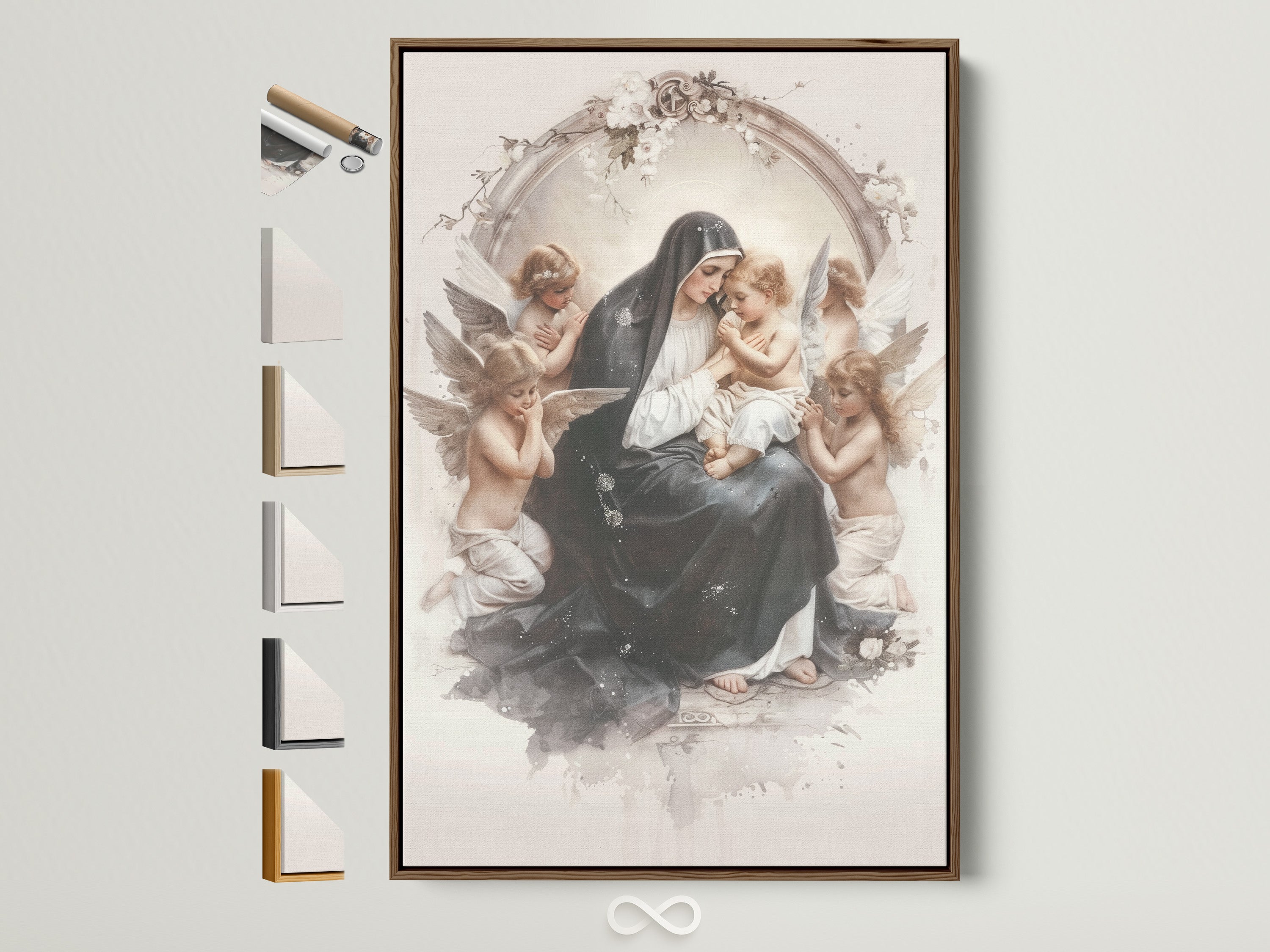 A framed artwork hangs on a white wall. The artwork depicts a woman and child surrounded by angels. The frame is a light brown color. Multiple frame options are displayed beside the image. Choose the perfect frame for your art print. This is the ideal way to display artwork.