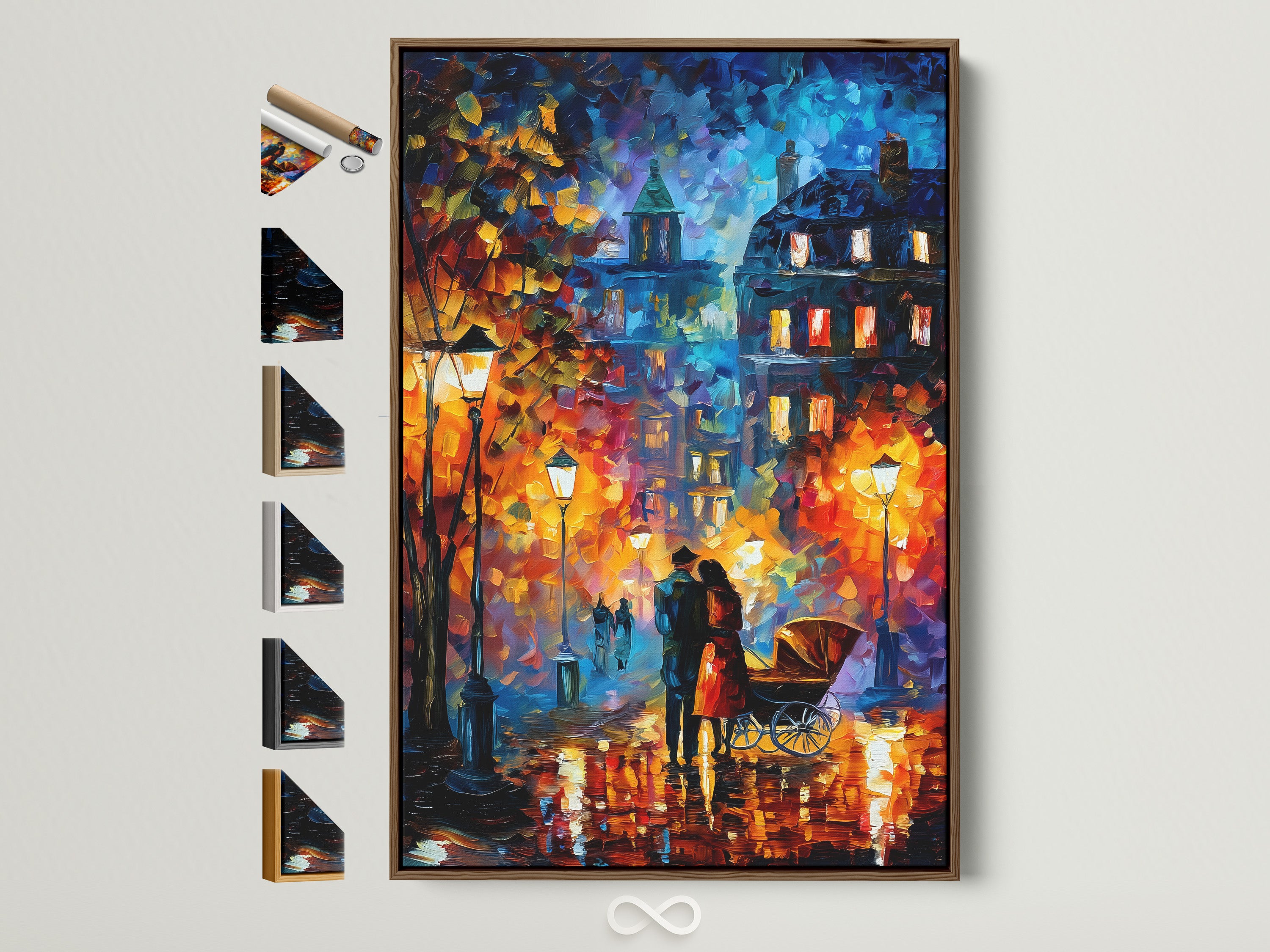 Romantic Street Art Canvas Print with a brown frame. This impressionist city wall art features a colorful rainy night scene perfect for bedroom decor. See frame options available on the side. A cozy and romantic artwork for urban homes.