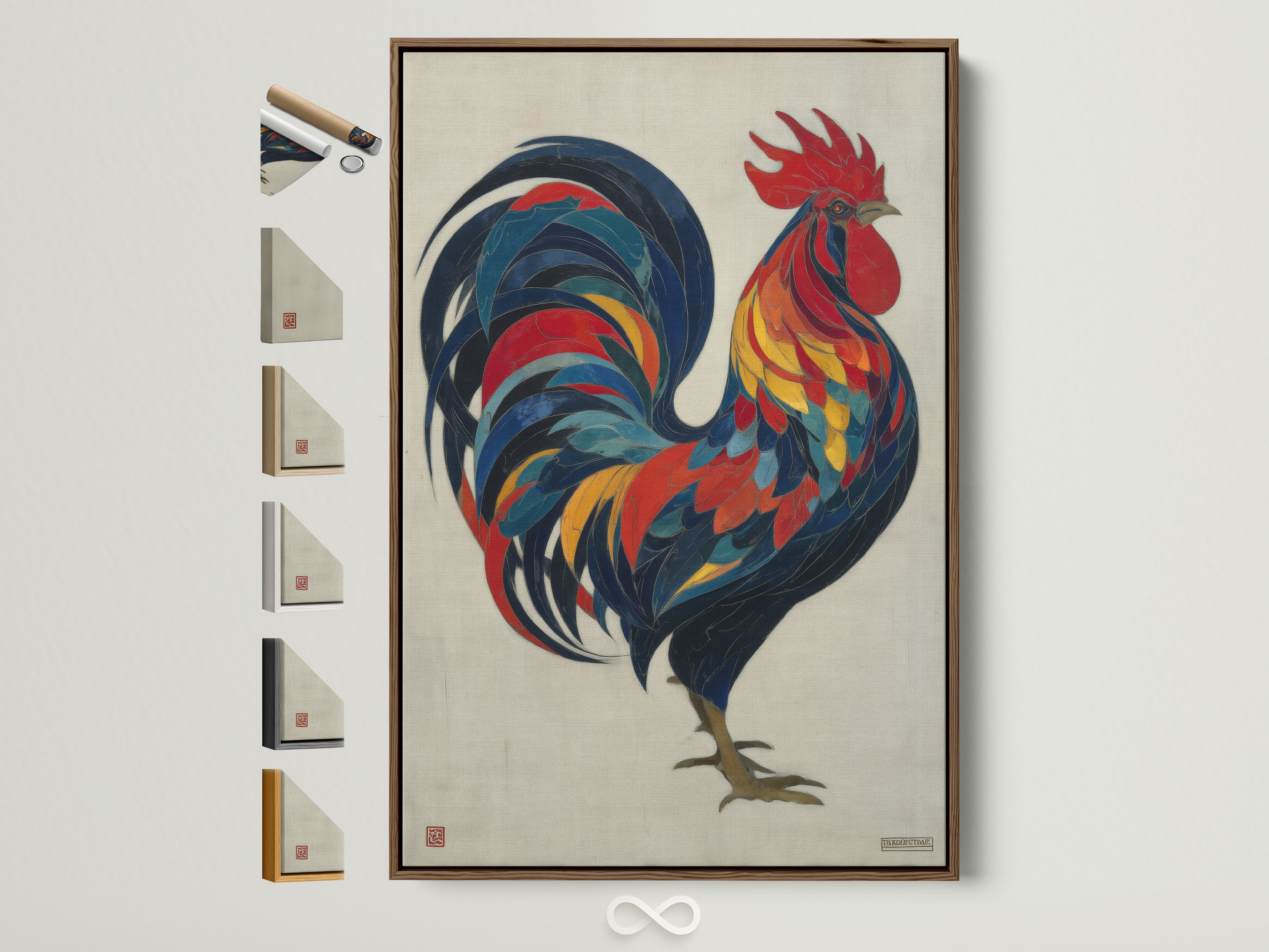 Explore a variety of frame options for the colorful rooster artwork. This image showcases a brown frame among other choices. Find the perfect frame to complement your folk art print and enhance your country home decor. Vibrant wall art to brighten any space.
