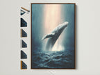 Whale Canvas Print with a brown frame. All frame options are displayed on the side. This ocean wildlife wall art features a humpback whale. The artwork is perfect for coastal bedroom decor. It is marine life artwork.