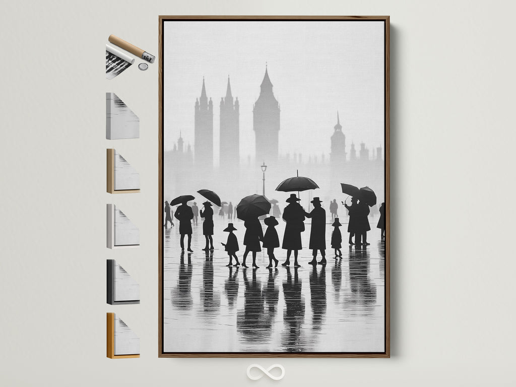 Explore our London canvas print in a brown frame. See all frame options available for this black and white cityscape wall art. Imagine this rainy day urban photography in your office decor. A perfect addition to minimalist decor.