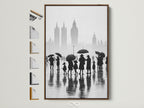 Explore our London canvas print in a brown frame. See all frame options available for this black and white cityscape wall art. Imagine this rainy day urban photography in your office decor. A perfect addition to minimalist decor.