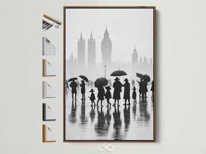 Explore our London canvas print in a brown frame. See all frame options available for this black and white cityscape wall art. Imagine this rainy day urban photography in your office decor. A perfect addition to minimalist decor.